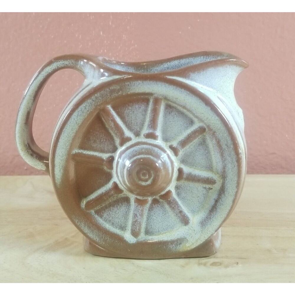 Frankoma Wagon Wheel Pitcher - Vintage Small 4"x5"x2" - Brown/Tan/Gold
